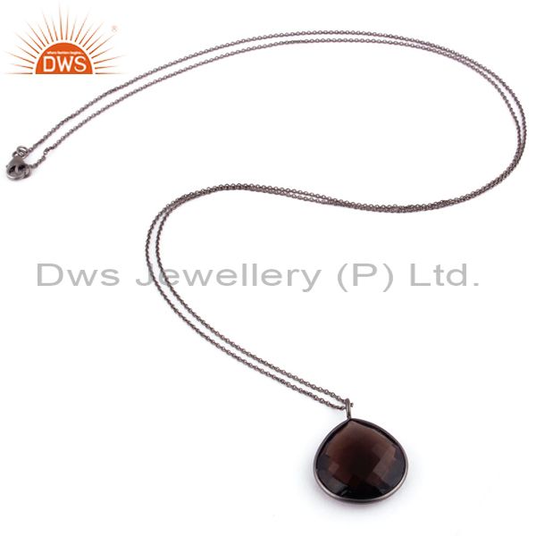 Suppliers Black Rhodium Plated Sterling Silver Natural Smoky Quartz Drop Pendant With Chai