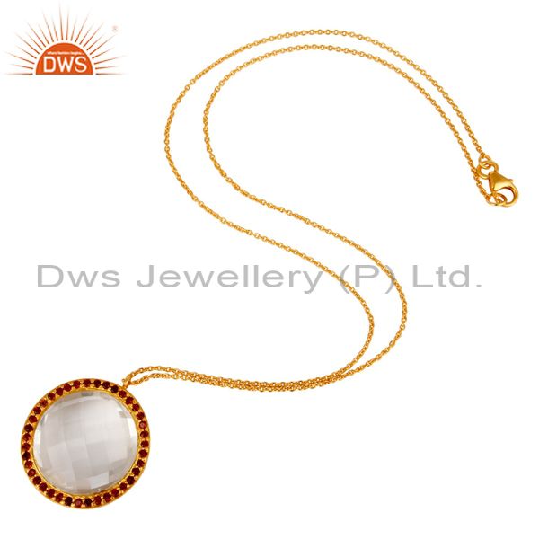 Designers 22K Yellow Gold Plated Sterling Silver Crystal Quartz & Garnet Pendant Necklace