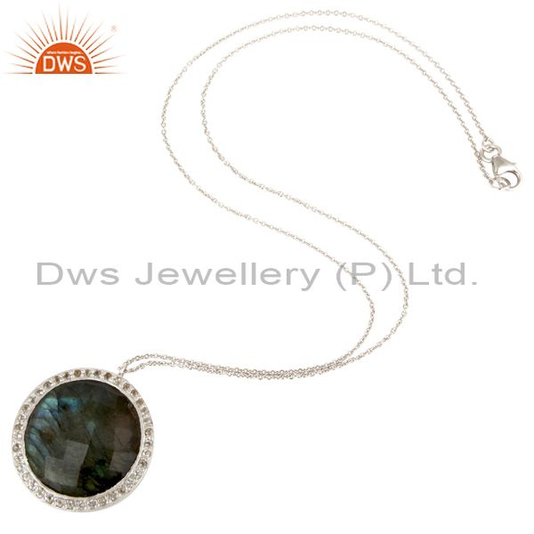 Designers 925 Sterling Silver Labradorite And White Topaz Halo Style Pendant With Chain