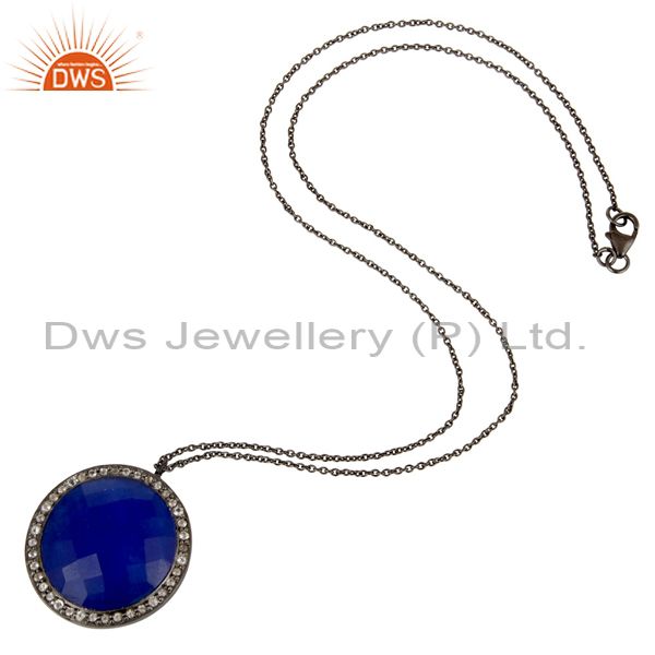 Designers Sterling Silver With Oxidized Blue Aventurine And White Topaz Pendant With Chain