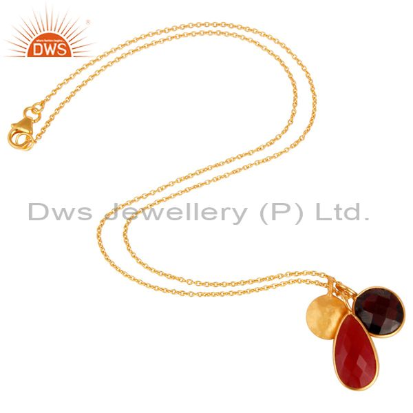 Designers 18K Gold Plated Sterling Silver Garnet And Red Aventurine Pendant With Chain
