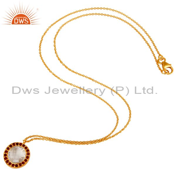 Designers 18K Yellow Gold Plated Sterling Silver Crystal Quartz & Garnet Pendant Necklace