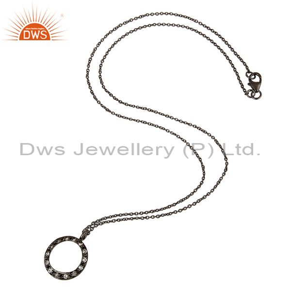 Designers Sterling Silver White Topaz Circle Designs Pendant Necklace With Black Oxidized