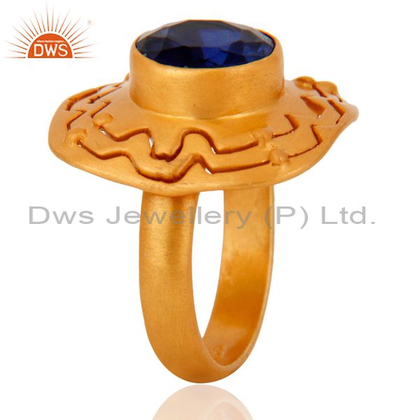 Suppliers 18K Yellow Gold Plated Sterling Silver Blue Corundum Cocktail Ring