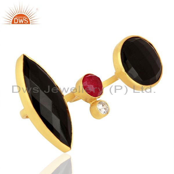 Suppliers 24K Yellow Gold Plated Brass Red Aventurine And Black Onyx Two Finger Ring