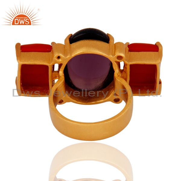 Suppliers Handmade Red Coral And Hydro Amethyst Gold Plated Ring With CZ
