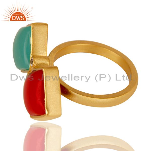 Suppliers Handmade Red Coral And Aqua Blue Chalcedony Ring Made In 18K Gold Over Brass