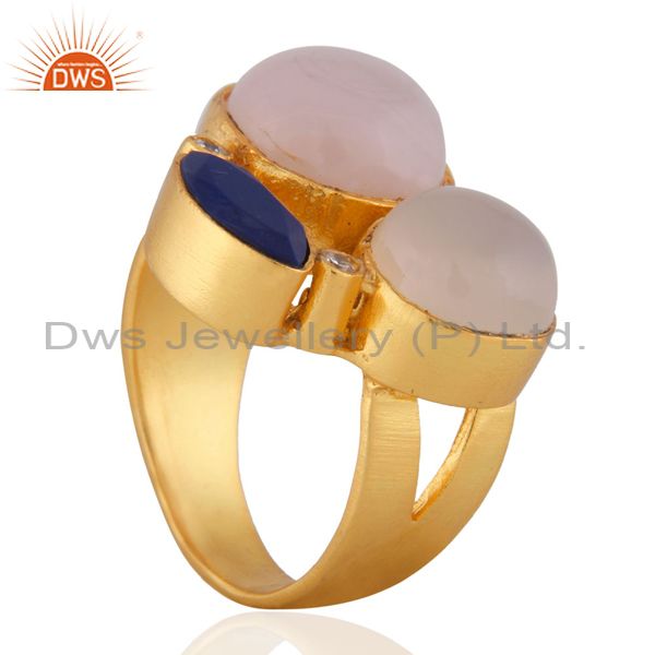 Suppliers 18K Yellow Gold Plated Brass Rose Chalcedony And Lapis Lazuli Statement Ring