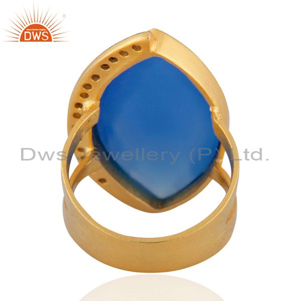 Suppliers 14K Yellow Gold Plated Aqua Blue Chalcedony Split Shank Statement Ring With CZ