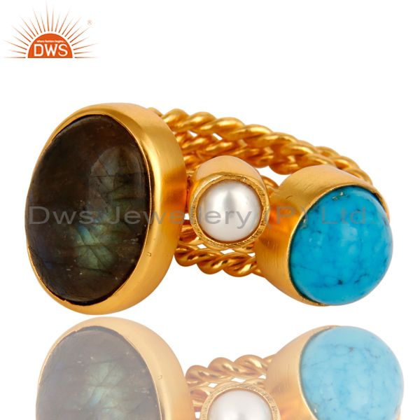 Suppliers Turquoise, Labradorite And White Pearl 14K Yellow Gold Plated Ring