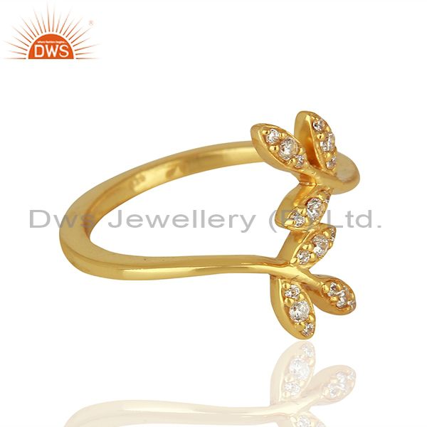 Suppliers Leaf Design Gold Plated 925 Silver CZ Engagement Ring Jewelry Supplier