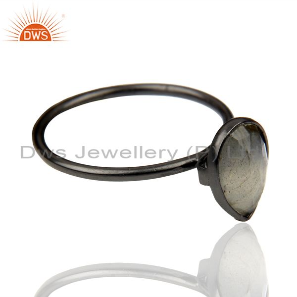 Designers Black Oxidized Sterling Silver Labradorite Gemstone Bezel Drop Ring