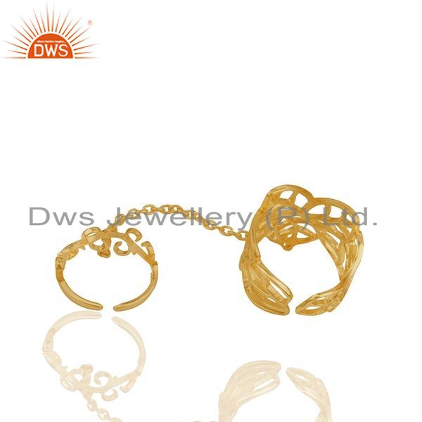 Suppliers Filigree Design Gold Plated 925 Silver Double Finger Girls Chain Ring