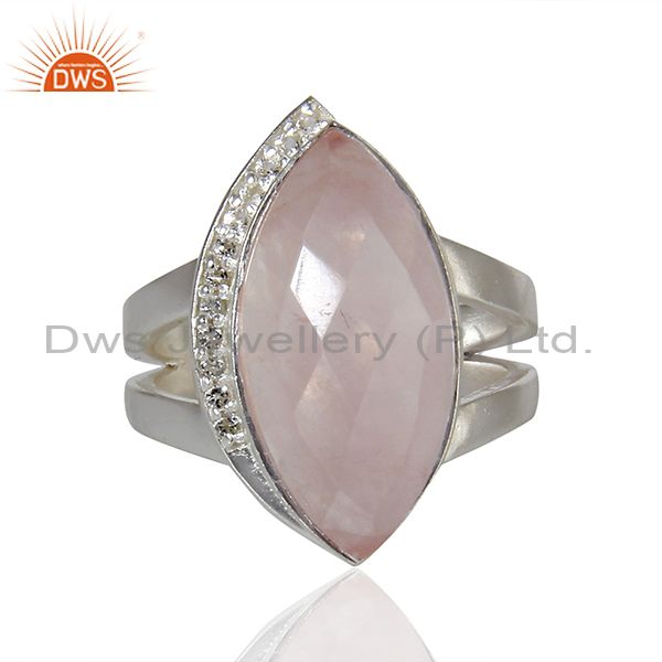 Suppliers Rose Quartz Gemstone White Topaz Gemstone Sterling Fine Silver Ring