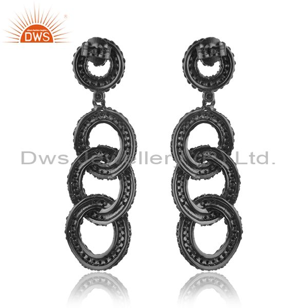 Suppliers 925 Sterling Silver Black Spinel Pave Link Chain Long Earrings