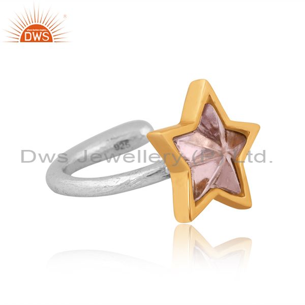 Star Cut Pink Amethyst Gold On Fine 925 Silver Handmade Ring