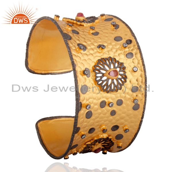 Suppliers Textured Oxidized 18k Gold GP Cubic Zircon Antique Cuff Bracelet Party wear Anni