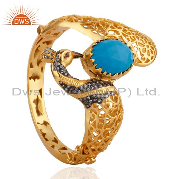 Wholesalers of 14k yellow gold plated turquoise fashion peacock bangle with cz