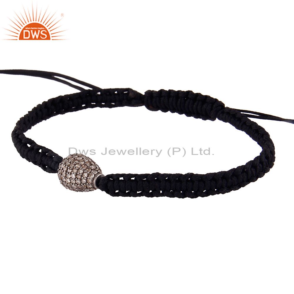 Suppliers 925 Sterling Silver Diamond Pave Beads Fashion Macrame Black Cord Bracelet