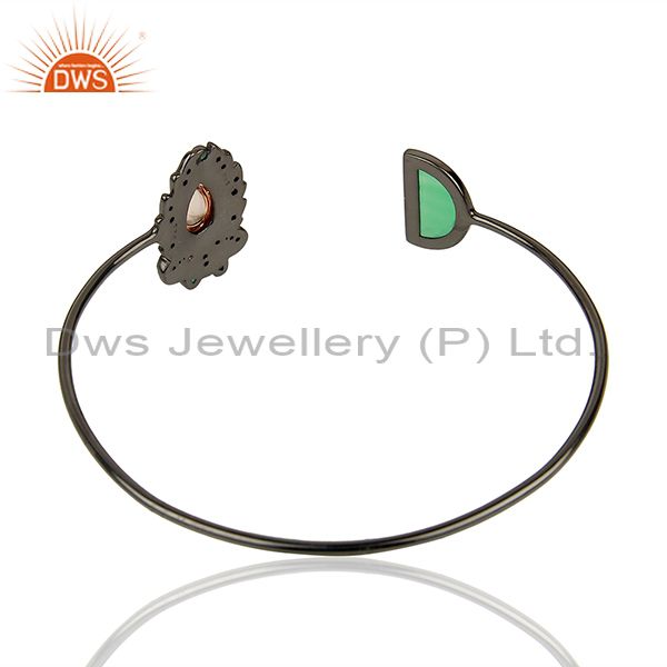 Exporter Flower Design 925 Silver Green Onyx Pave Diamond Cuff Bangle Jewelry