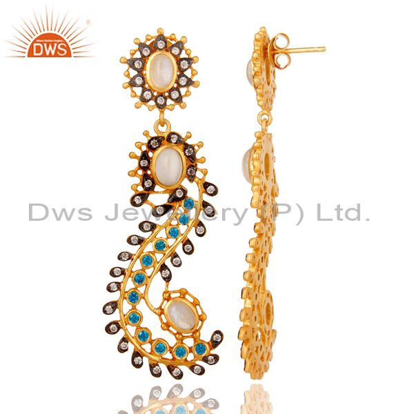 Suppliers Rainbow Moonstone and Zircon Sterling Silver Gold Plated Dangler Earring Stud