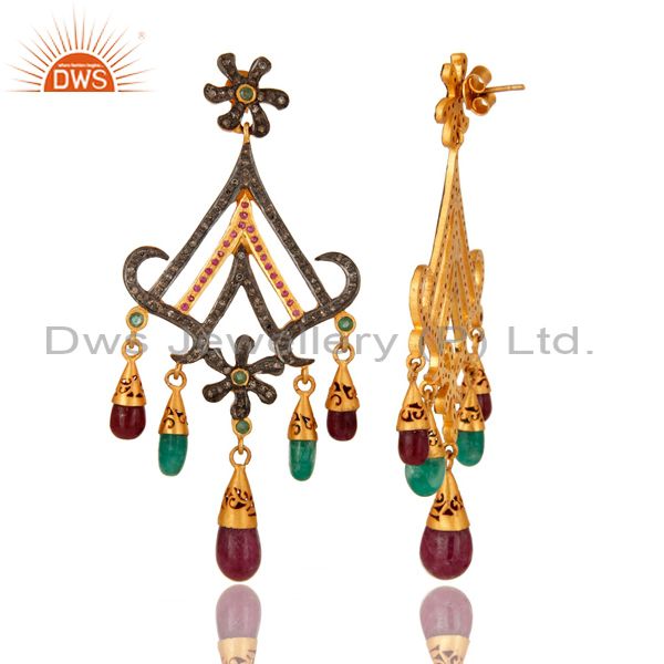 Suppliers 18K Gold And Sterling Silver Pave Diamond Ruby & Emerald Chandelier Earrings