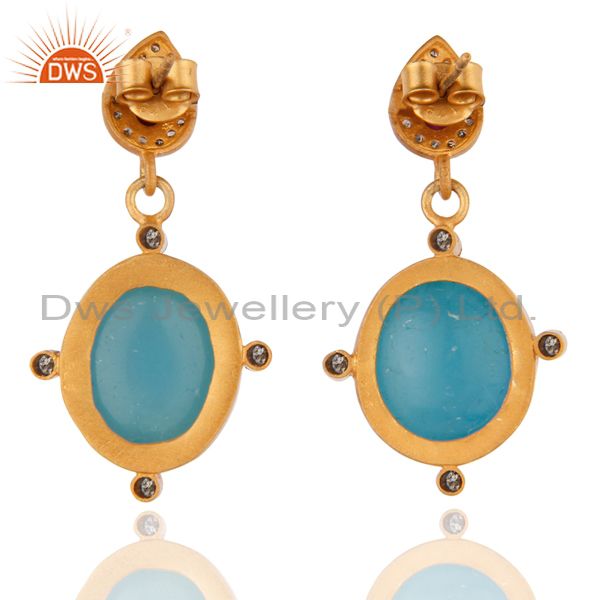 Suppliers Pave Diamond Drop 18K Yellow Gold Over Sterling Silver Blue Chalcedony Earrings