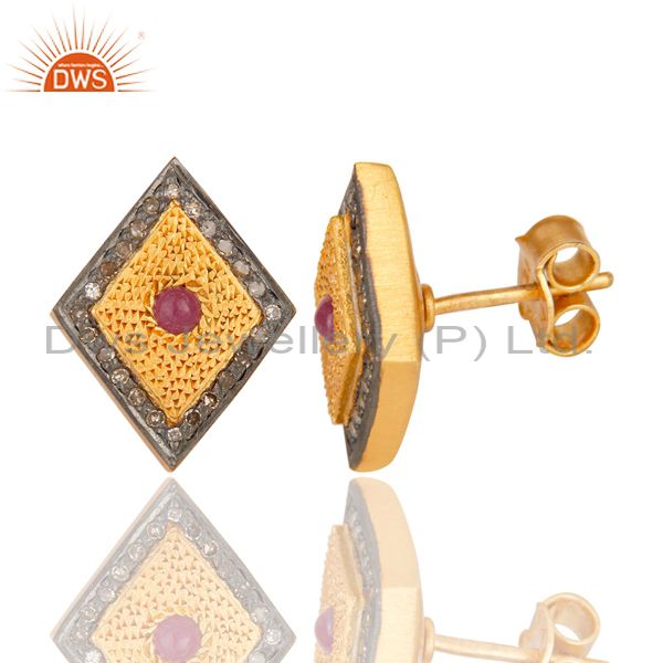 Suppliers 925 Sterling Silver Ruby Gemstone Pave Diamond Stud Earring With Gold Plated