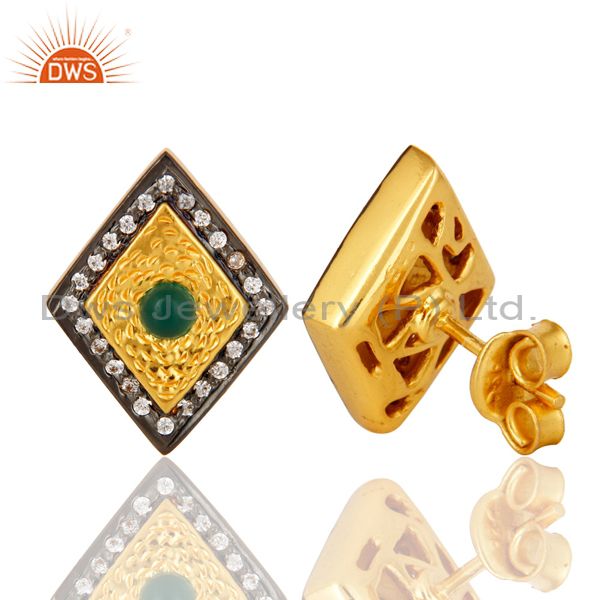 Suppliers 14K Yellow Gold Plated Sterling Silver Green Onyx And CZ Womens Stud Earrings