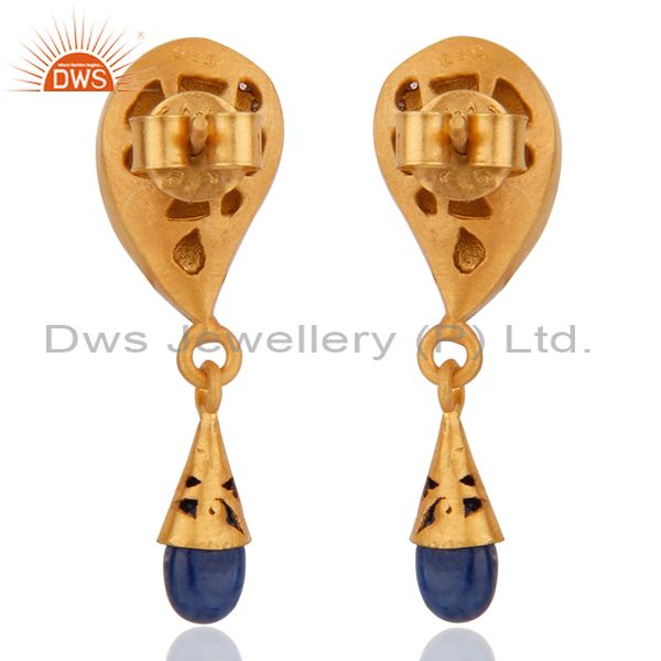 Suppliers Blue Sapphire Gemstone 18kt Gold Plated 925 Sterling Silver Pave Diamond Earring