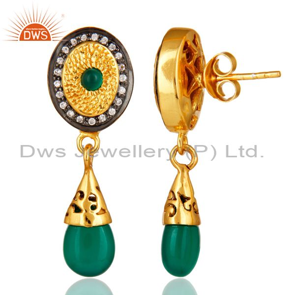 Suppliers 14K Yellow Gold Plated Sterling Silver Green Onyx Fashion Drop Earrings With CZ