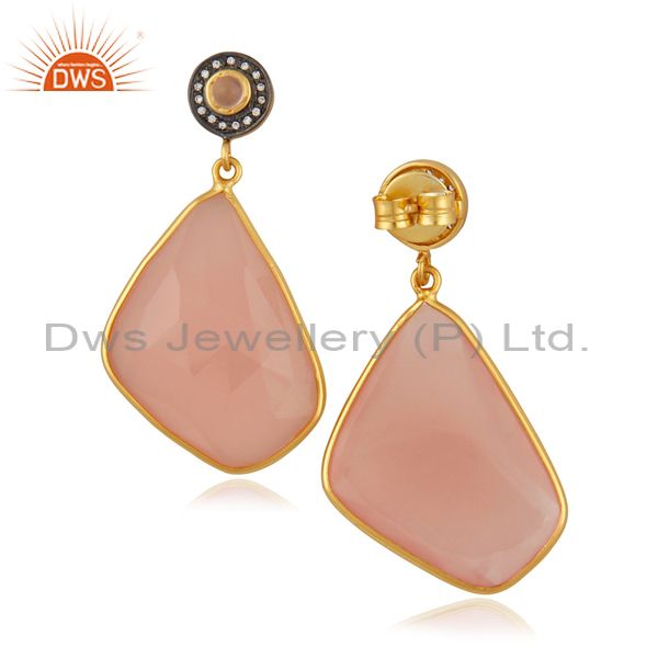 Suppliers Natural Semi Precious Stone Rose Chalcedony Slice 18k Gold Plated Dangle Earring