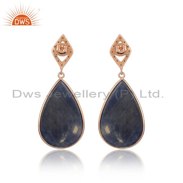 Suppliers Blue Sapphire Slice Pave Diamond Gold Plated 925 Sterling Silver Women Earrings