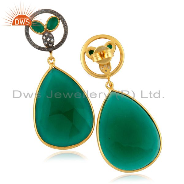 Suppliers Dyed Green Glass Faceted Gemstone Bezel-Set Gold Plated Dangle Earrings With CZ