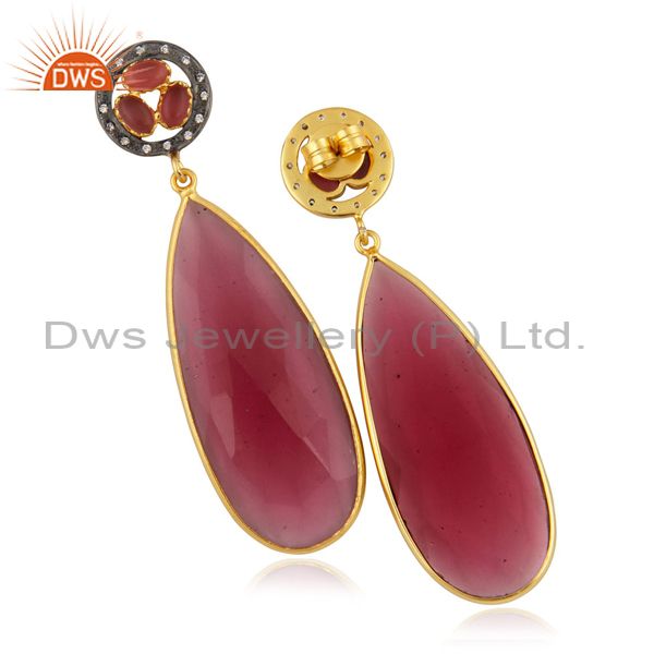 Suppliers Pink Glass Bezel Set Fashion Long Drop Earrings With CZ In 14K Gold Over Brass