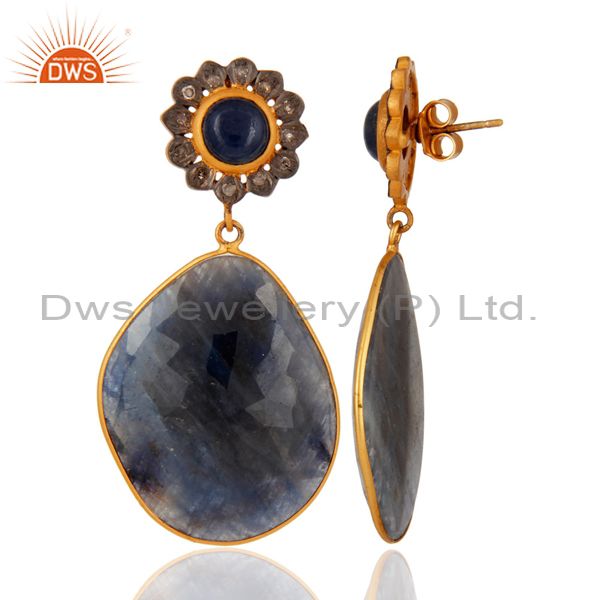 Suppliers Handmade 925 Sterling Silver Natural Sapphire Gemstone Pave Diamond Drop Earrins