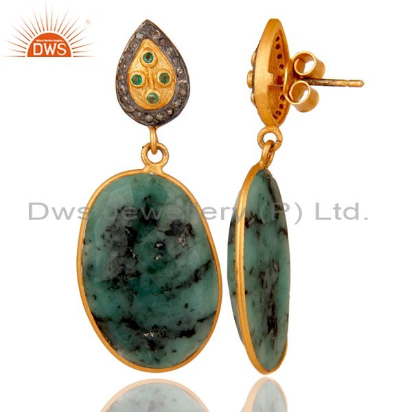 Suppliers 18k Gold Over 925 Sterling Silver Slice Gemstone Emerald and Diamond Earrings