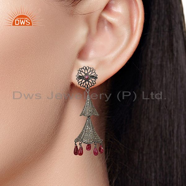 Suppliers Antique Pave Diamond Ruby Gemstone Silver Earrings Jewelry Supplier