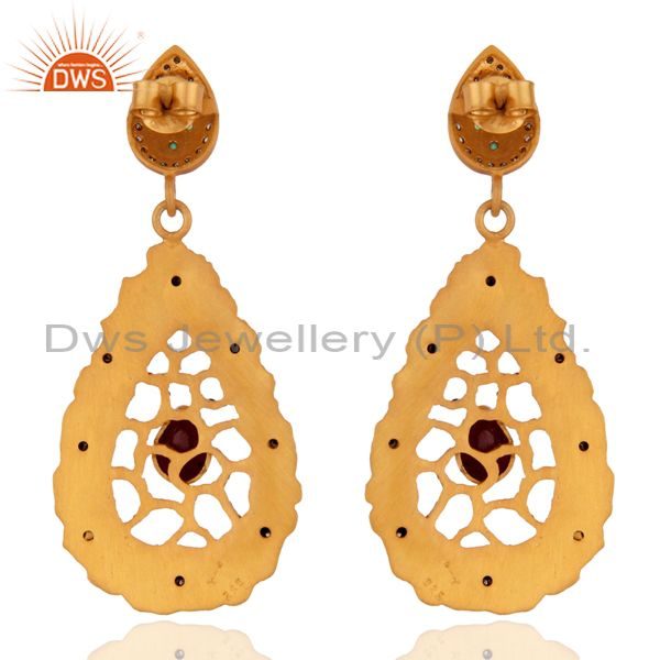 Suppliers Handmade Gold Plated Sterling Silver Natural Ruby Gemstone Pave Diamond Earrings