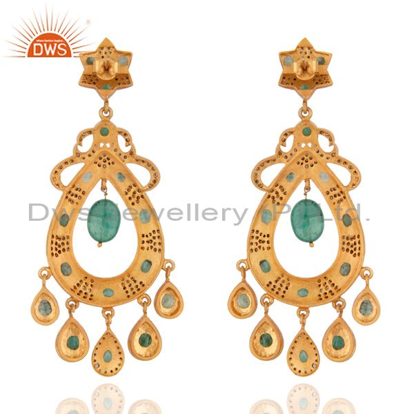 Suppliers Luxury Natural Emerald Chandelier Earrings Diamond 18k Gold Over 925 Silver Jewe