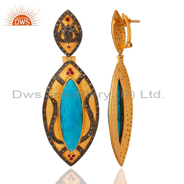 Suppliers 18K Gold Over 925 Sterling Silver Pave Diamond Turquoise & Ruby Designer Earring
