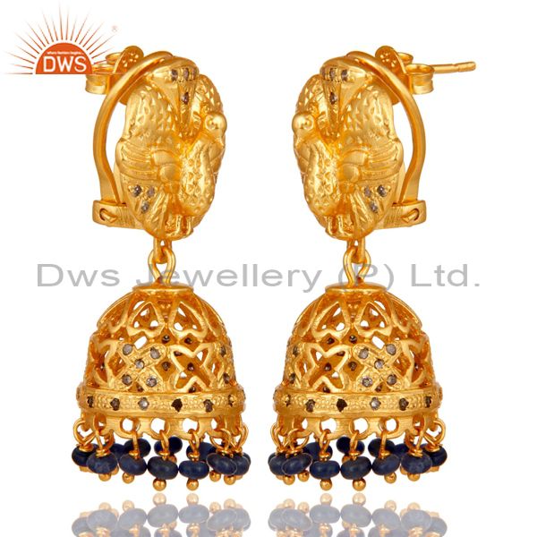 Suppliers Diamond and Blue Sapphire 18K Gold Plated 925 Silver Jhumka Traditional Earring