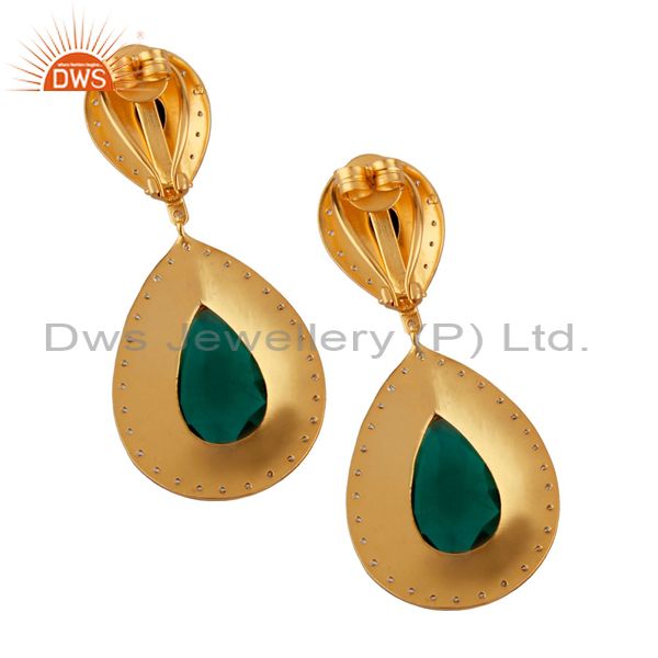 Suppliers 14K Yellow Gold Plated Brass Green Glass And CZ Wedding Fashion Drop Earrings