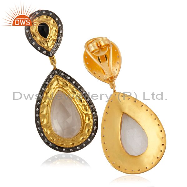 Suppliers 14K Yellow Gold Plated Brass Crystal Quartz And CZ Designer Dangle Earrings