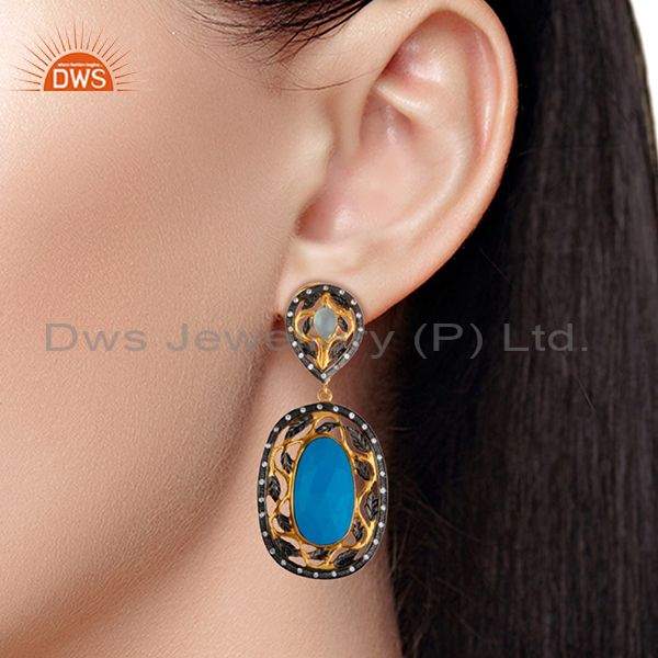 Suppliers 14K Yellow Gold Plated Brass Turquoise And CZ Womens Designer Dangle Earrings