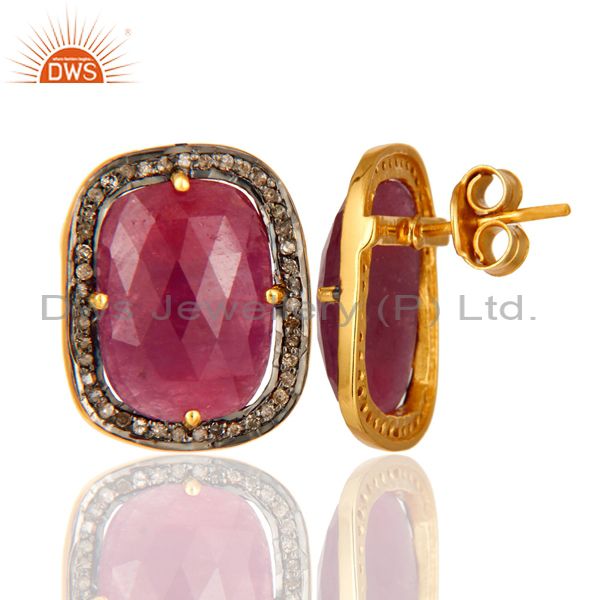 Suppliers Pave Set Diamond Ruby Gemstone Stud Earring In 18K Gold Over Sterling Silver 925