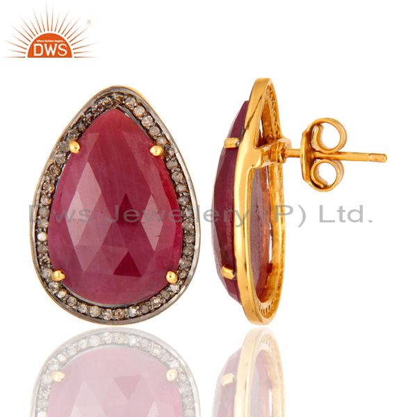Suppliers 18K Yellow Gold Plated 925 Sterling Silver Pear Shape Ruby Diamond Earring Studs