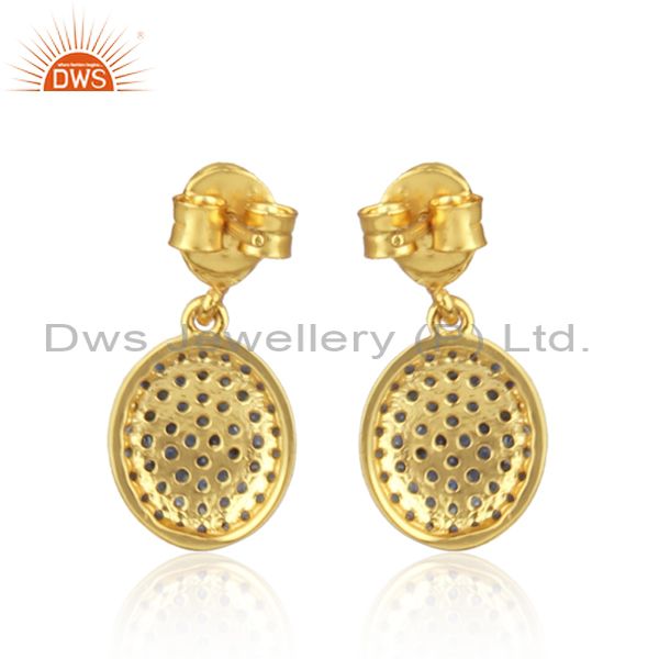 Exporter 14K Yellow Gold Plated Sterling Silver Blue Sapphire Disc Dangle Earrings