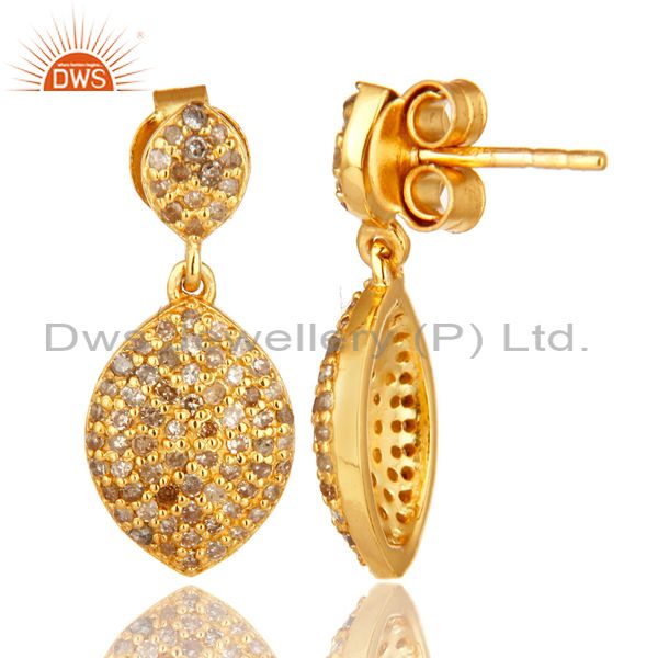 Suppliers 18K Yellow Gold Over Sterling Silver Pave Set Diamond Drop Earrings