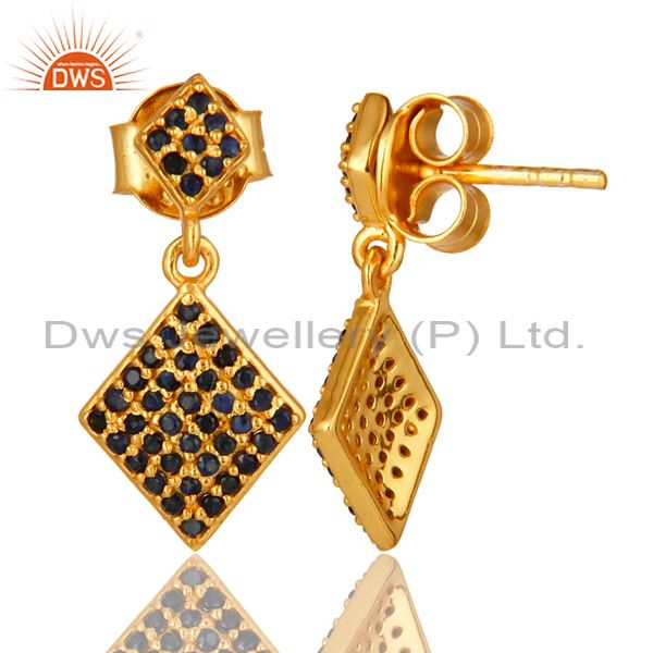 Suppliers Pave Set Blue Sapphire Sterling Silver Drop Earrings With 14K Yellow Gold Plated